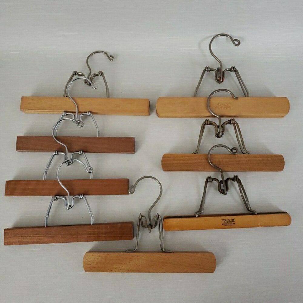 8 Setwell Unbranded Wood Pant Hangers Clamp Hinged Vintage